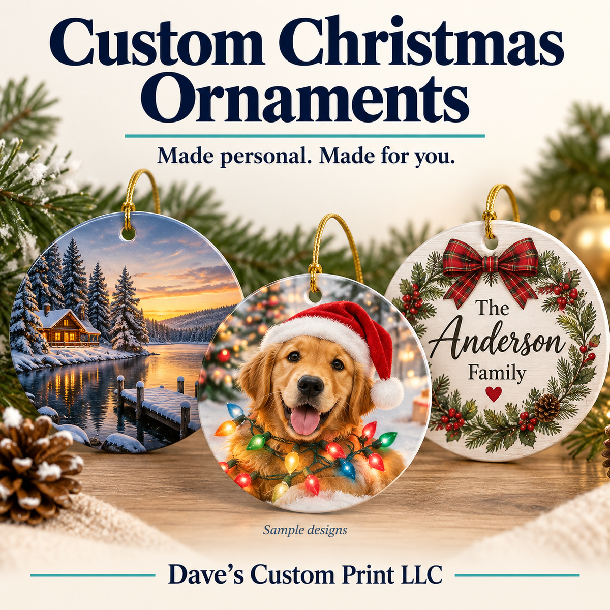Dave’s Custom Print LLC Christmas Ornaments — sample designs