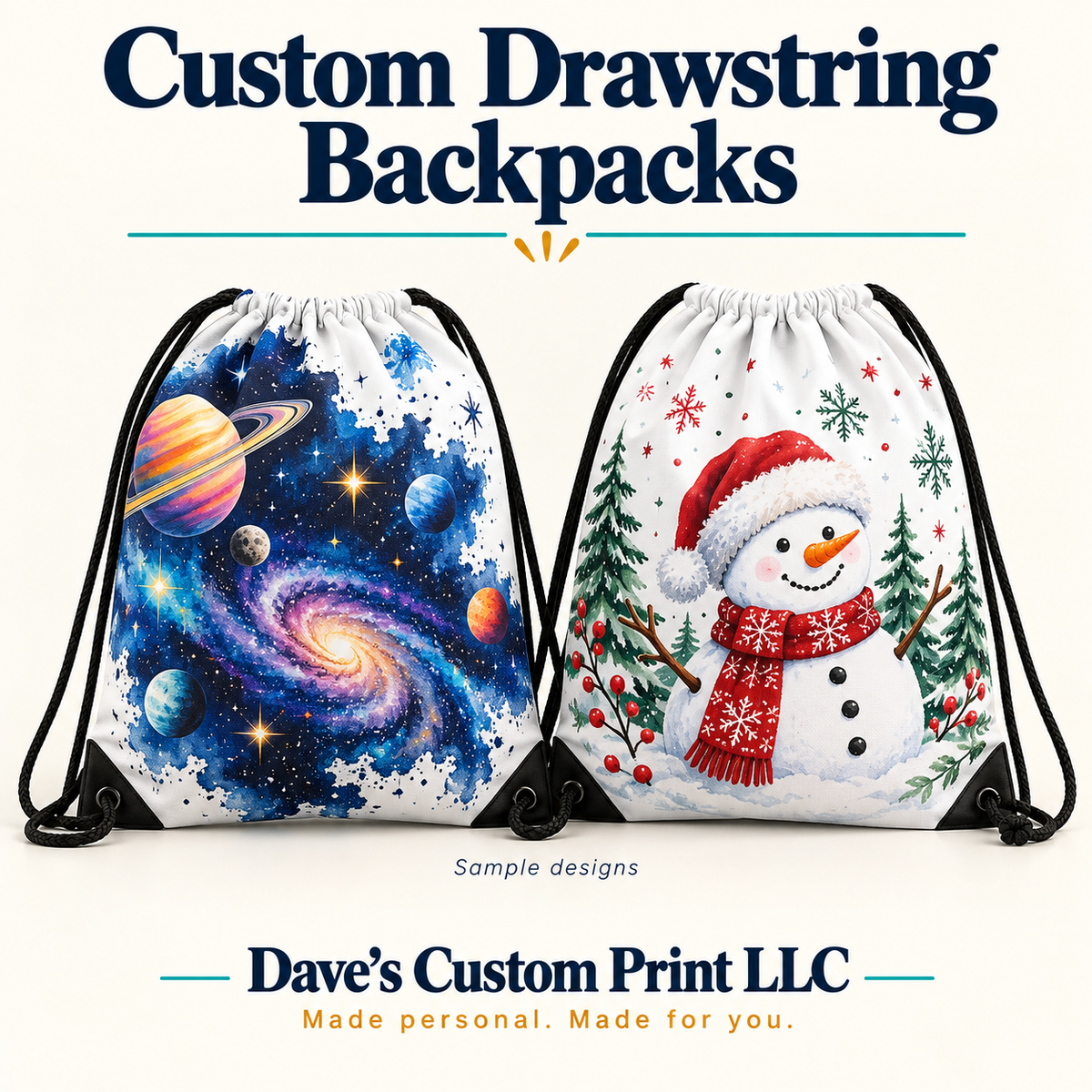 Dave’s Custom Print LLC Drawstring Backpacks — sample designs