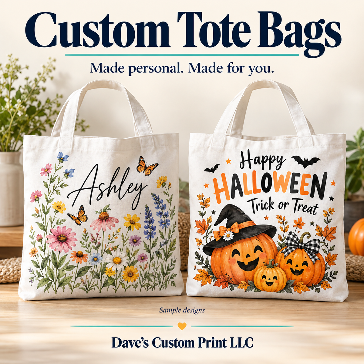 Dave’s Custom Print LLC Tote Bags — sample designs